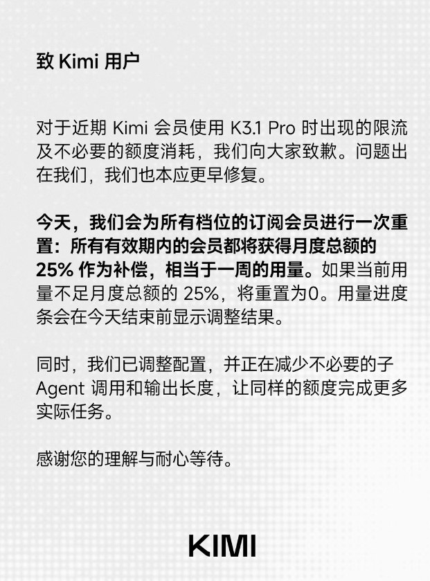 Kimi_致歉_K3.1_Pro_限流，会员补_25%_额度 图1